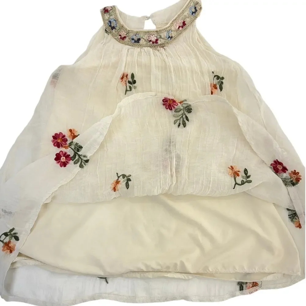 Girls Size 7 Cream Floral Embroidered Lyocell Sleeveless Dress